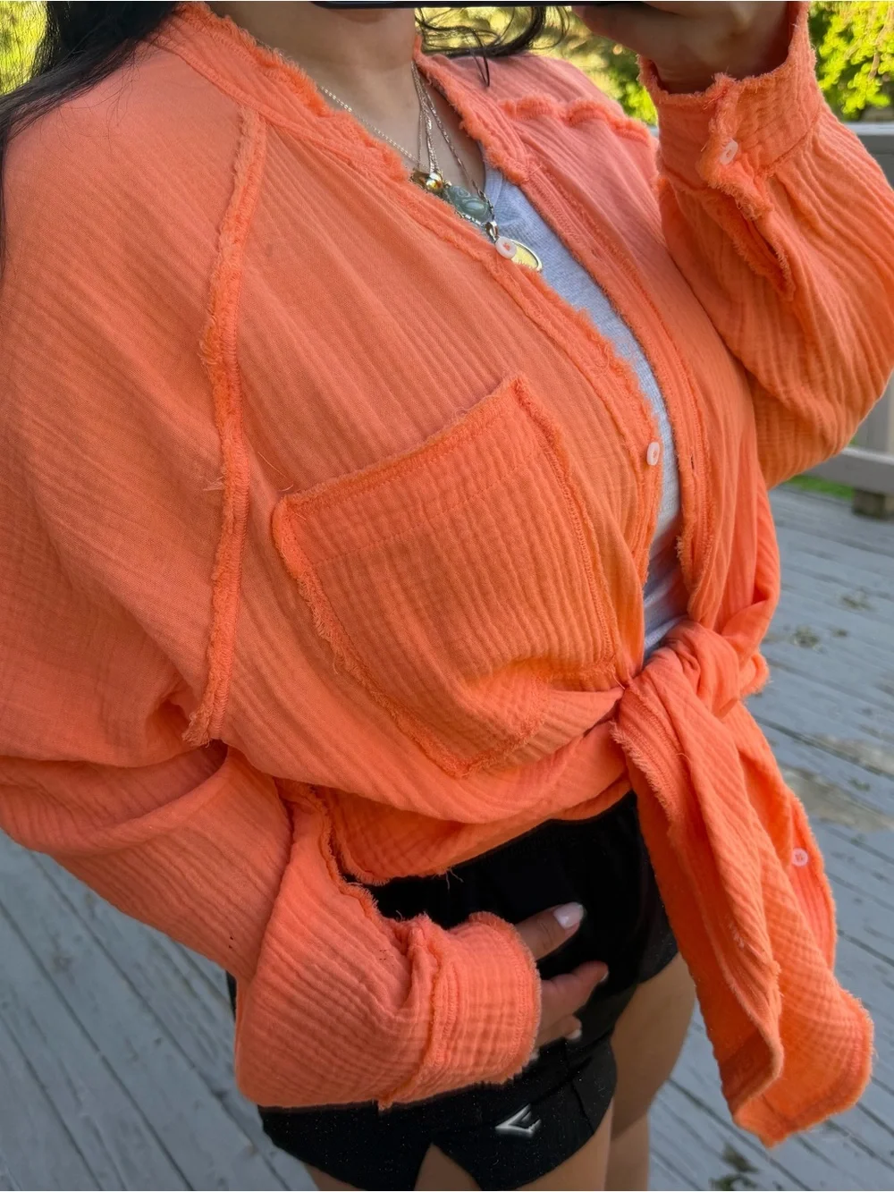 AERIE • Lightweight Button-Up Shirt — Bright Coral Orange / TUNIC LENGHT - Picture 1 of 8